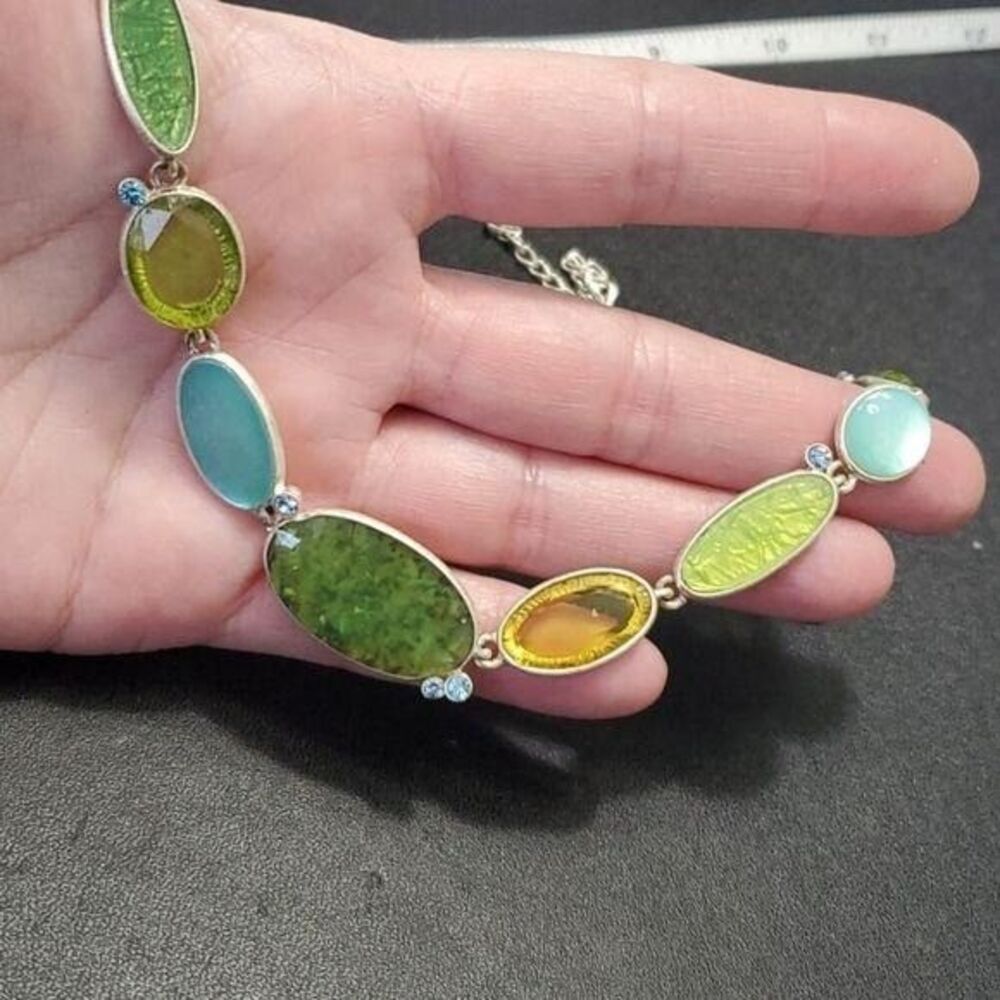 Silver Tone Necklace with Blue Rhinestones 16-18" Yellow Green Blue Glass Beads